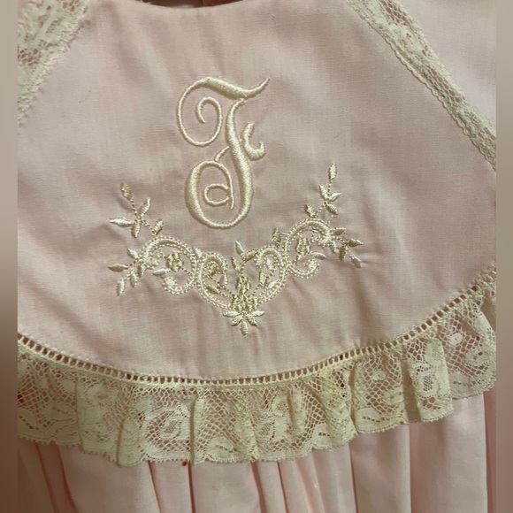 Pale Pink French Handsewn Lace Dress • pink/ivory/ecru • “F” monogram embroidery - Picture 5 of 5